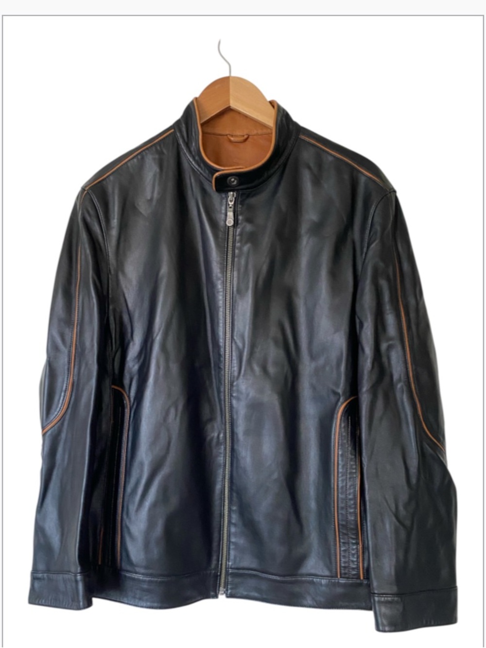 EVER GENERATING Men's Black 100% Sheepskin Leather Contrast Piping Jacket Size L